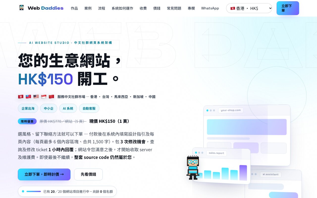 Web Daddies 網站首頁桌面版截圖,以港元顯示價錢,大標題「您的生意網站,HK$150 開工」,右邊是網店與報表的示意畫面